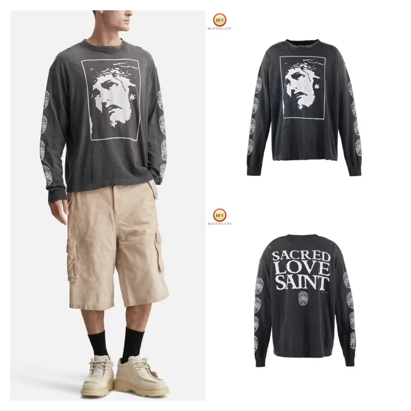 

Потертая футболка с круглым вырезом и длинными рукавами, потертая футболка премиум-качества в винтажном стиле для мужчин и женщин, повседневная футболка в стиле хип-хоп