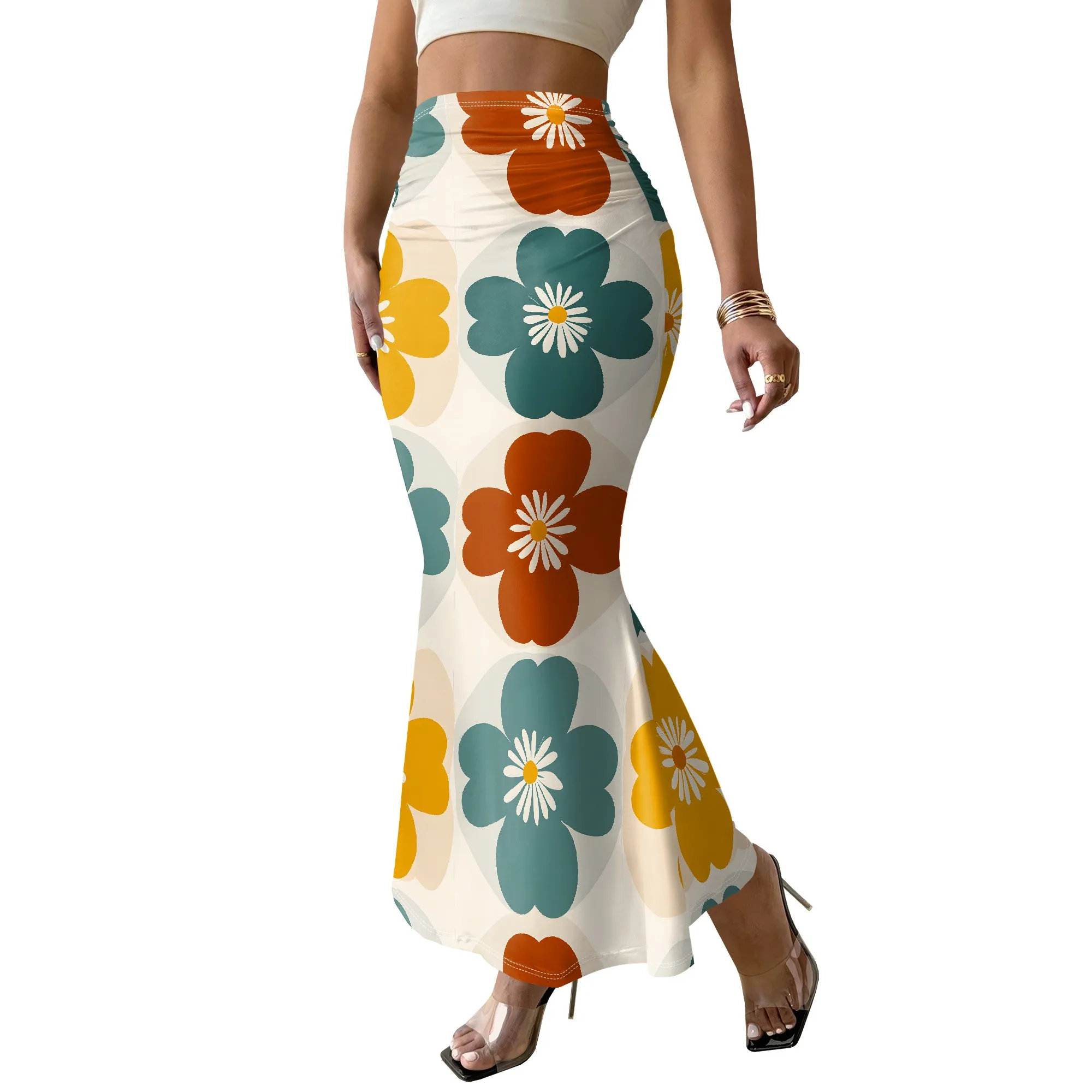 Retro Floral Mermaid Skirt, Vintage Print Midi, Boho Party Wear, S-2XL