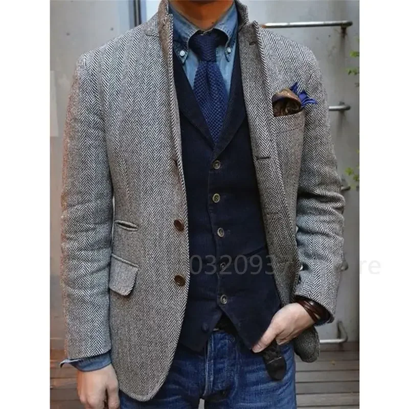 Men\'s Suit Jacket Herringbone Tweed Wool Jacket Winter Warm Short Jacket Retro Slim Fit Men Blazer Coat (Only Coat)