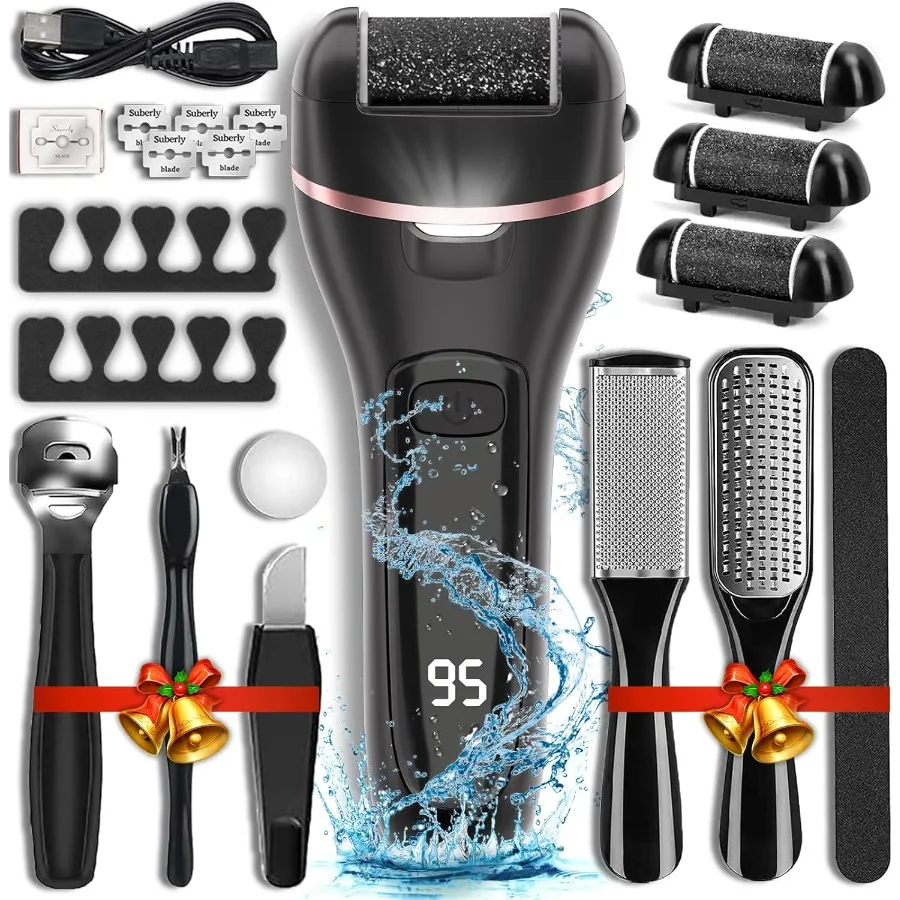 전동 발 각질 제거기 (3개 롤러 헤드, 2단 속도 조절, 충전식, 방수, 전문 페디큐어 키트, 17가지 기능 포함)