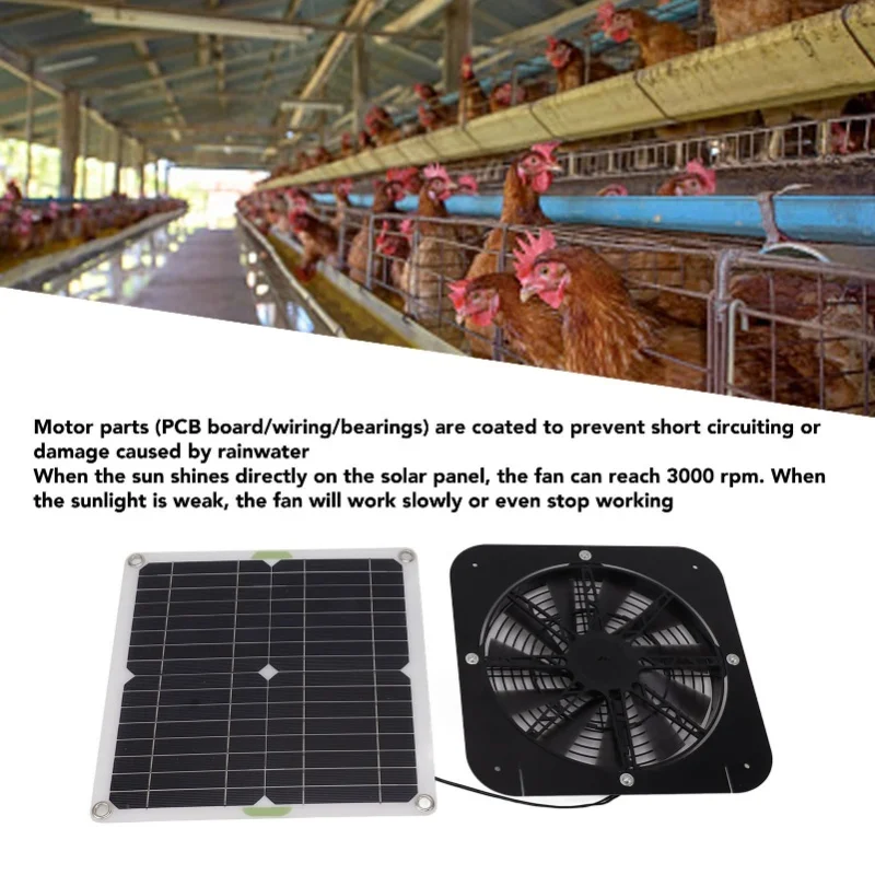 100W Round Solar Powered Fan 13.5 Inch Effective Cooling Solar Panel Kit For Chicken Coop Greenhouse Dog Kennel