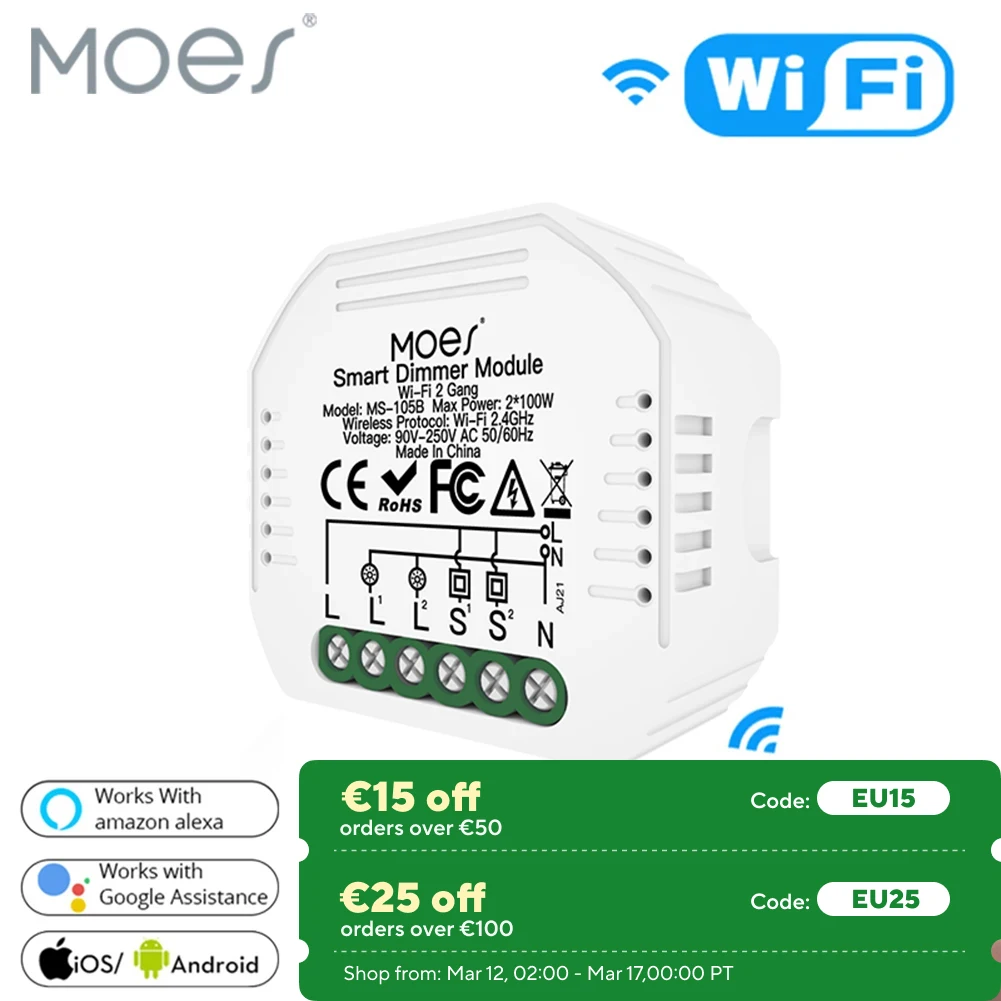 MOES DIY WiFi Smart Light LED Dimmer Module Switch Smart Life/Tuya APP Remote Control Work with Alexa Google Home 2 Way 2 Gang