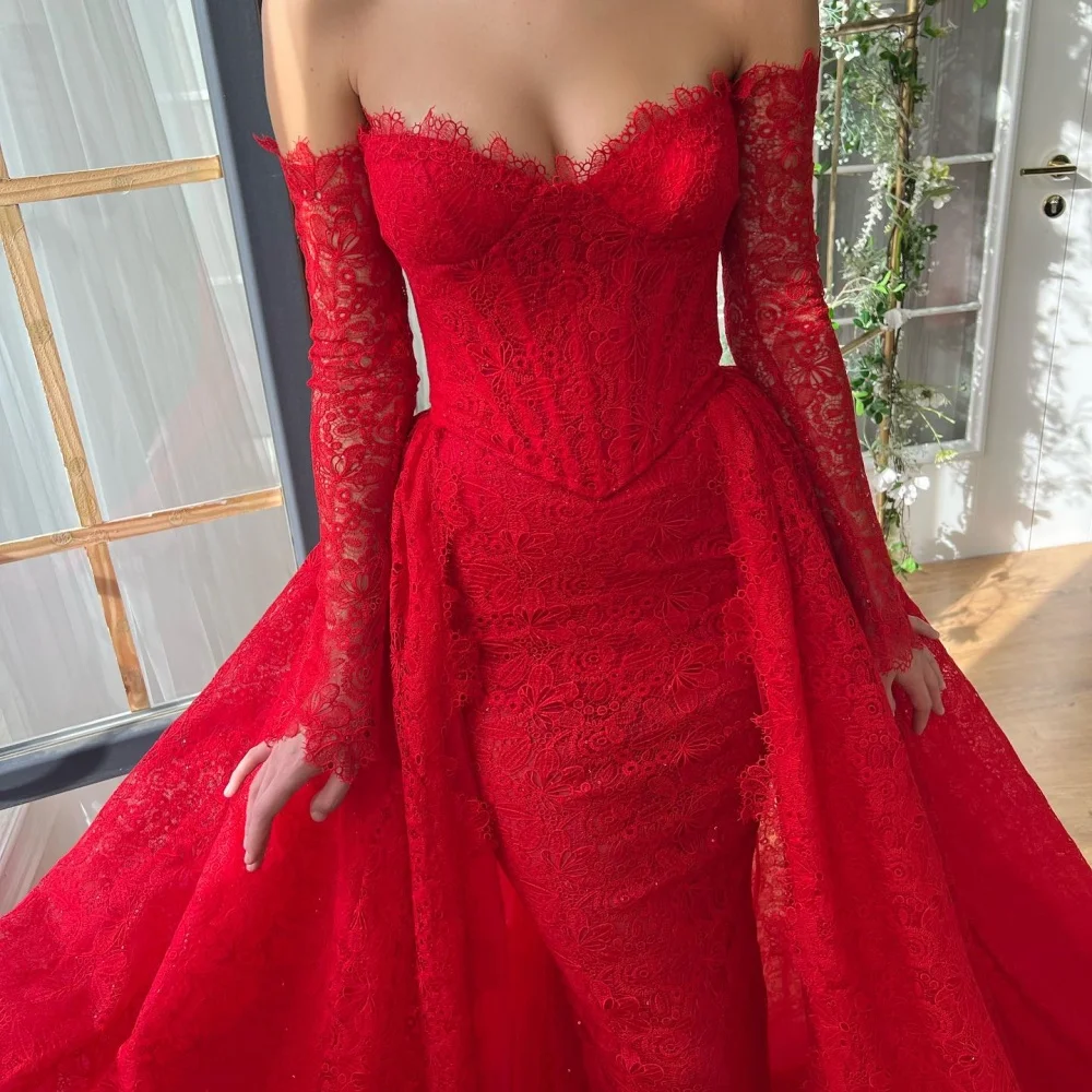 Amanda Customized Red Off the Shoulder Strapless Lace robes de soirée Long Sleeves A-line Party Dresses Floor-Length Prom Dress