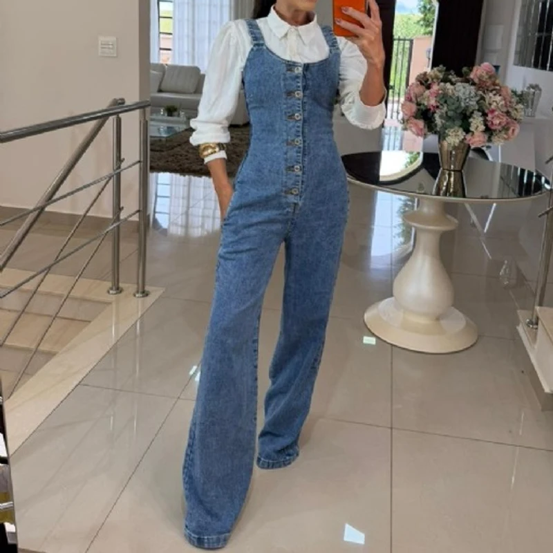 

Summer Elegant U-neck Denim Jumpsuit Women's Casual Sleeveless Pocket Long Romper Fashion Button Wide Leg Pants Solid Plausuits