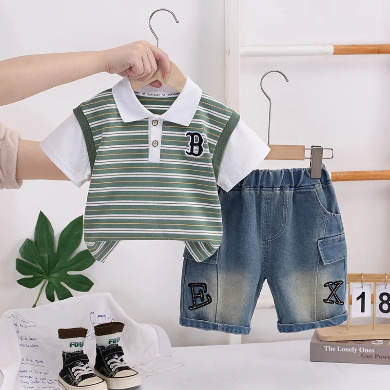 Children's Summer Suit 2026 New Baby Boy Clothes Striped Turn-down Collar Short Sleeve T-shirts and Denim Shorts 2 Piece Set