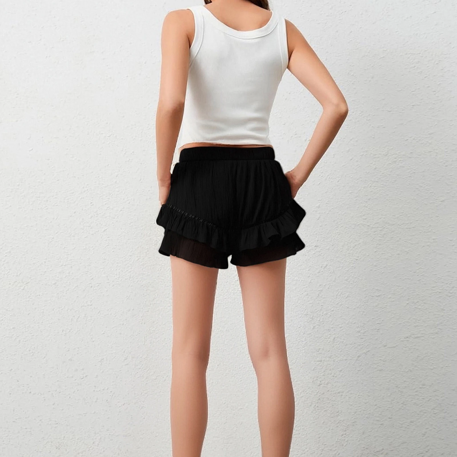여성용 레이어드 러플 반바지 솔리드 컬러 신축성 있는 허리 루즈 반바지 여름 스트리트웨어