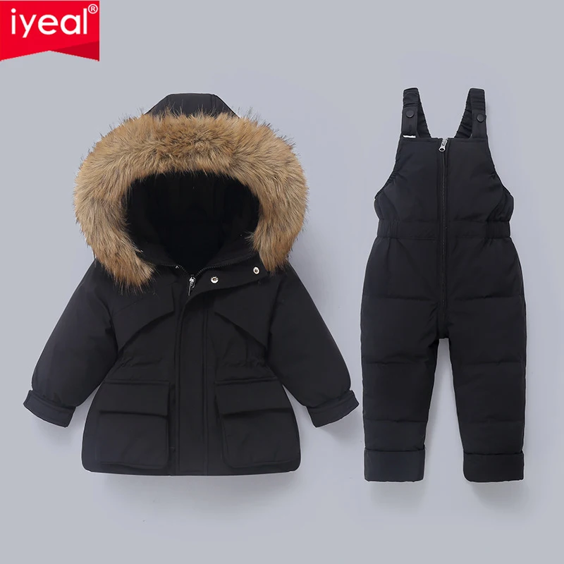 IYEAL -30 Degree Winter Kids Clothing Sets Big Fur Hooded Down Coat + Overalls Children Warm Snowsuit For Girls & Boys 1-4 Years