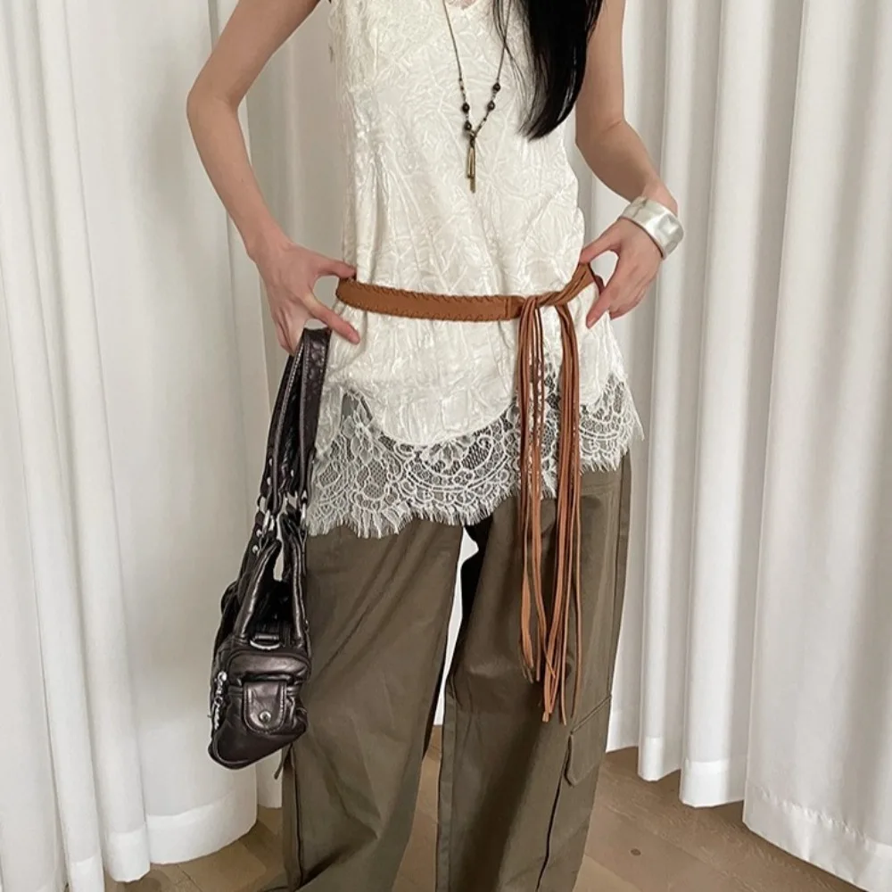 Cintura stile etnico retrò Y2k sottile PU bohemien corda in vita jeans decorazione cintura da cowboy occidentale nappe cintura piccante ragazza