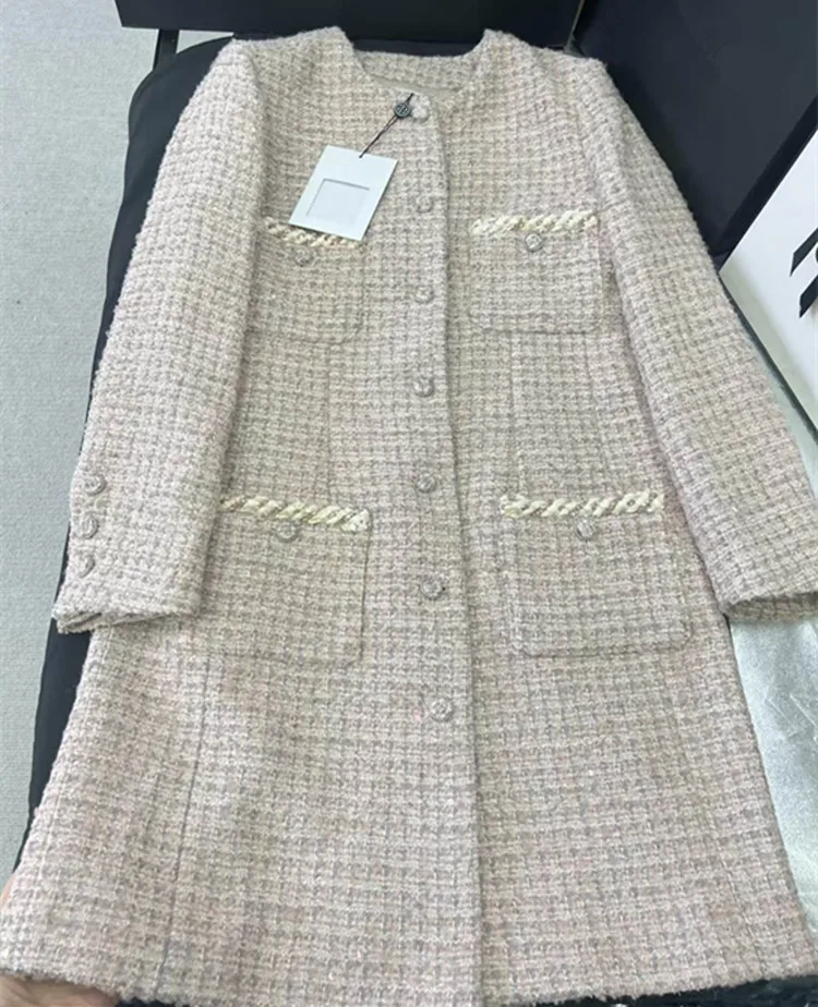 Customization European women's clothing - new summer styles in 2026 Long-sleeved single-button multi-pocket tweed coat