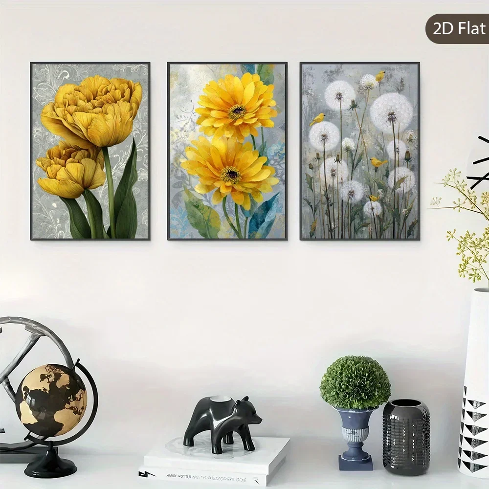 3pcs Unframed Whimsical Birds Wall arts, Floral Scene Canvas Wall Art, Modern Art Prints, Retro Poster Print, Dandelion Seeds