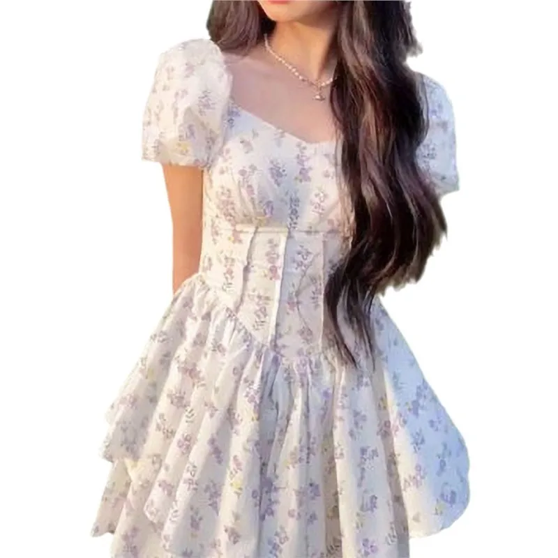 Abito a vita alta donna estate floreale dolce colletto quadrato manica a sbuffo principessa da ragazzina tenera elegante stile coreano Preppy Chic