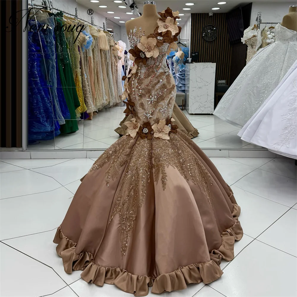 

Arabic Brown Beading 3D Flowers Evening Dresses 2025 Dubai Design Mermaid Beading Prom Dress Customized Wedding Party Gowns Robe
