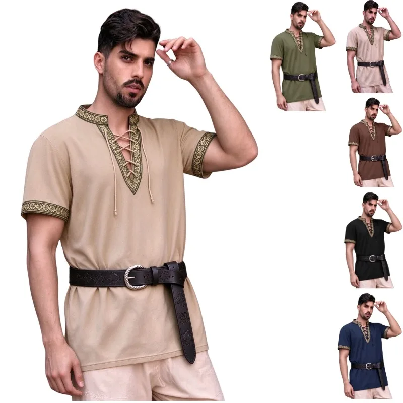 Men Renaissance Viking Pirate Medieval Shirt Short Sleeve V Neck Tie Front Embroidered Stand Collar Loose Fit Tunic Tops Cosplay