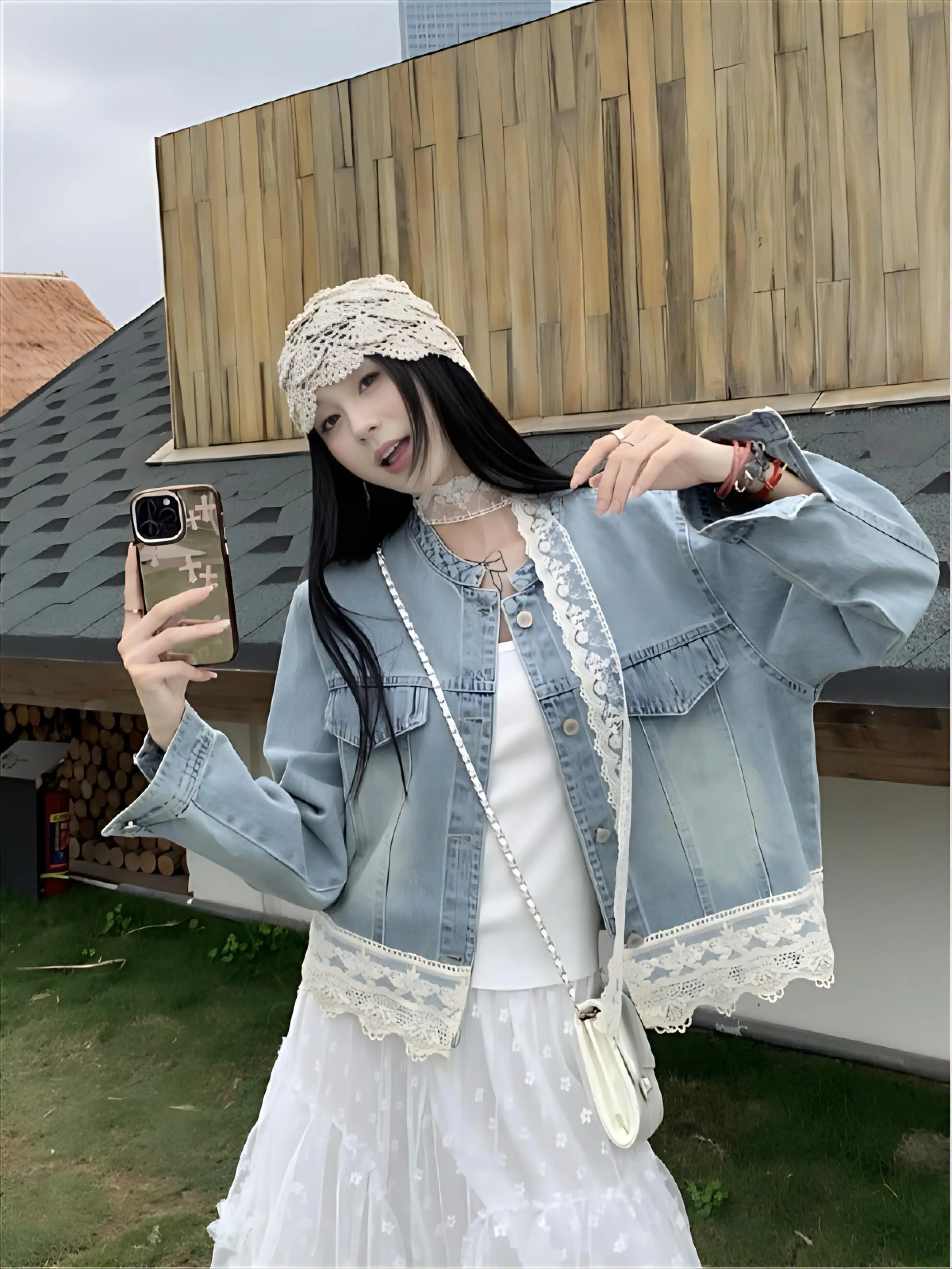 

Denim Coat Pink Flowers Womens Winter Cashmere Lining Padding Invierno Metal-Buttoned Cotton-Padded Quilted Four-Pocket Jackets