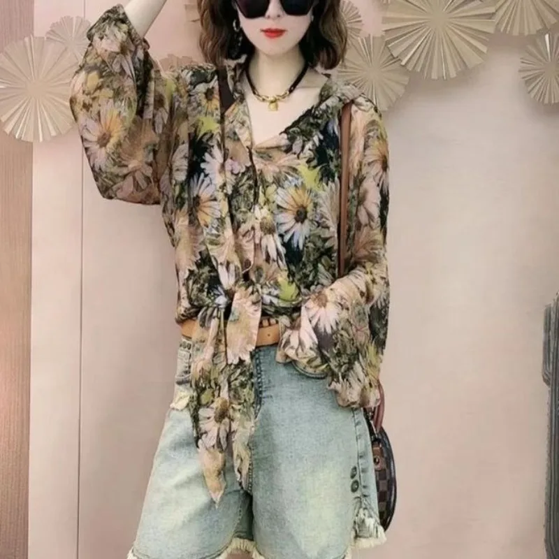 Fashionable Women\'s Blouses 2024 Summer New Beachy Commute Plant&Flowers Printed Hooded Button Bandage Long Sleeve Loose Shirts