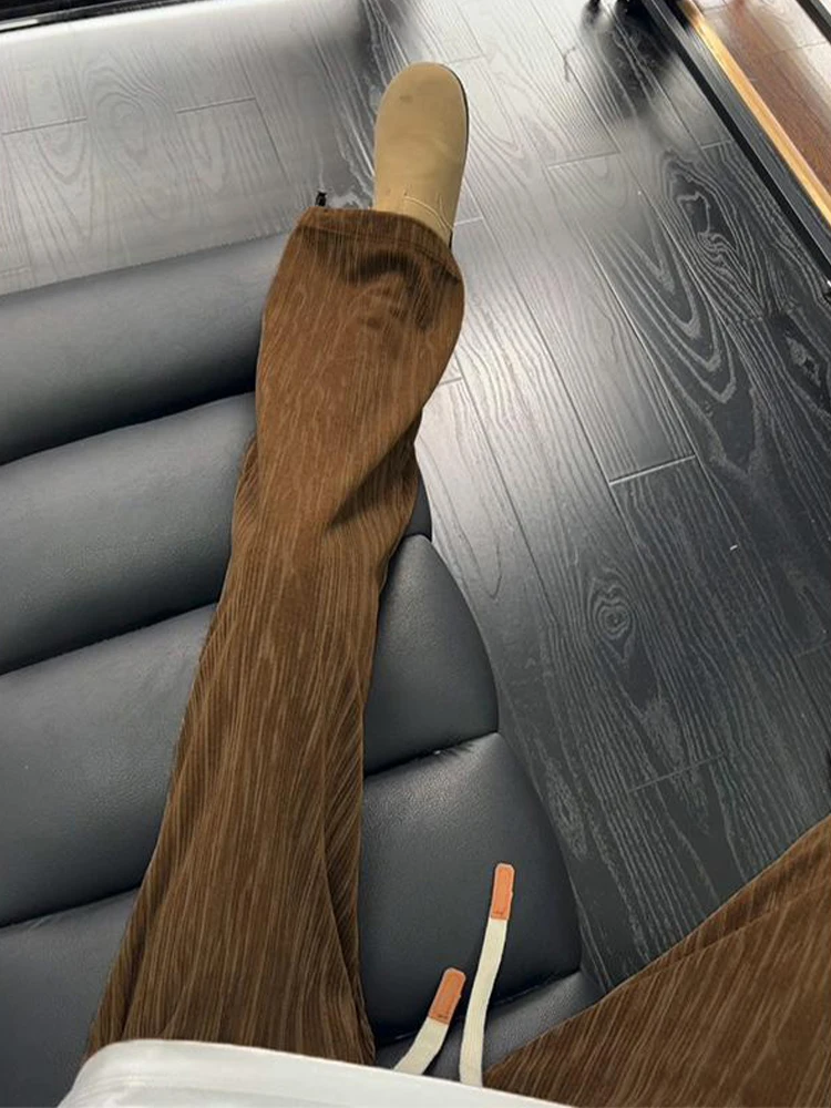 

Khaki American Retro Corduroy Pants Men's Autumn Spring Stripe Texture Flared Casual Spor Trousers Loose Fit mid Waist