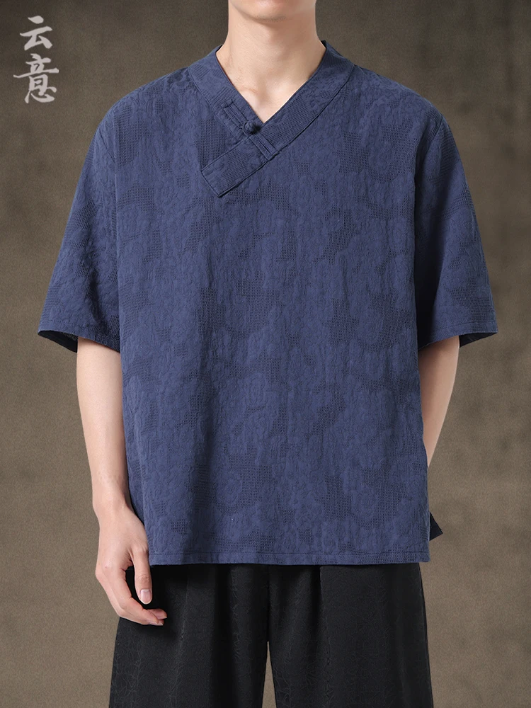 

Новая летняя мужская футболка в китайском стиле Ханьфу из чистого хлопка с вышивкой, свободного кроя, с V-образным вырезом, в стиле Тан, модная