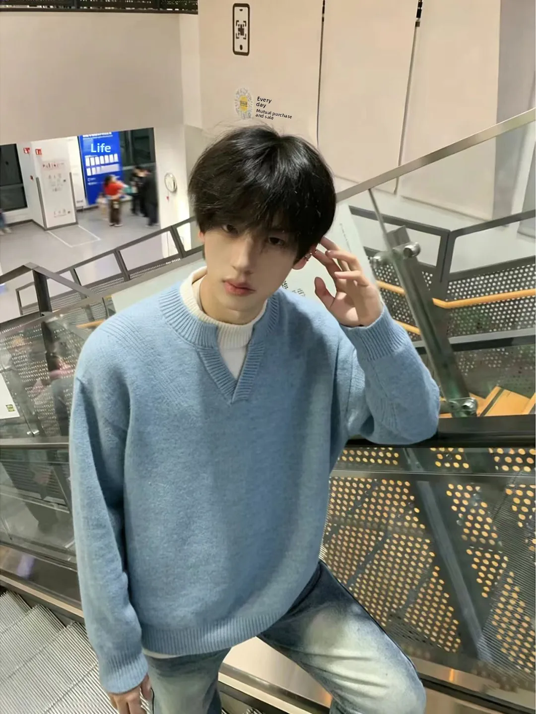 

Мужской свитер свободного кроя с V-образным вырезом, синий, плотный, имитация двухслойности, базовый слой, повседневный стиль