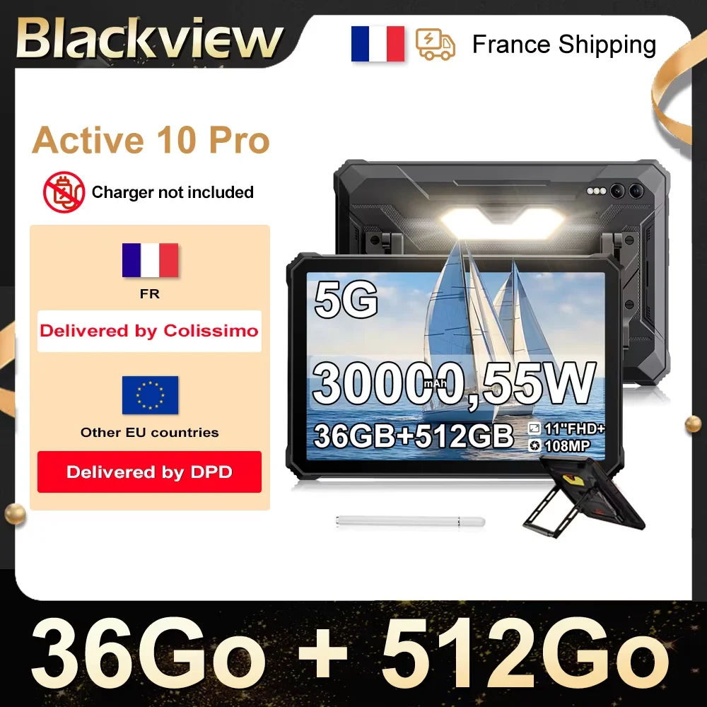 Blackview Active 10 Pro [Pas de chargeur UE] Tablette robuste 36 Go(12 + 24) + 512 Go 11,0" 30000 mAh PC 108 MP double SIM 5G
