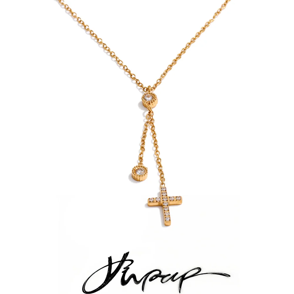Yhpup CNC Cubic Zirconia Cross Extend Chain Drop Necklace High Quality Stainless Steel Fashion Chic Waterproof Jewelry Gift