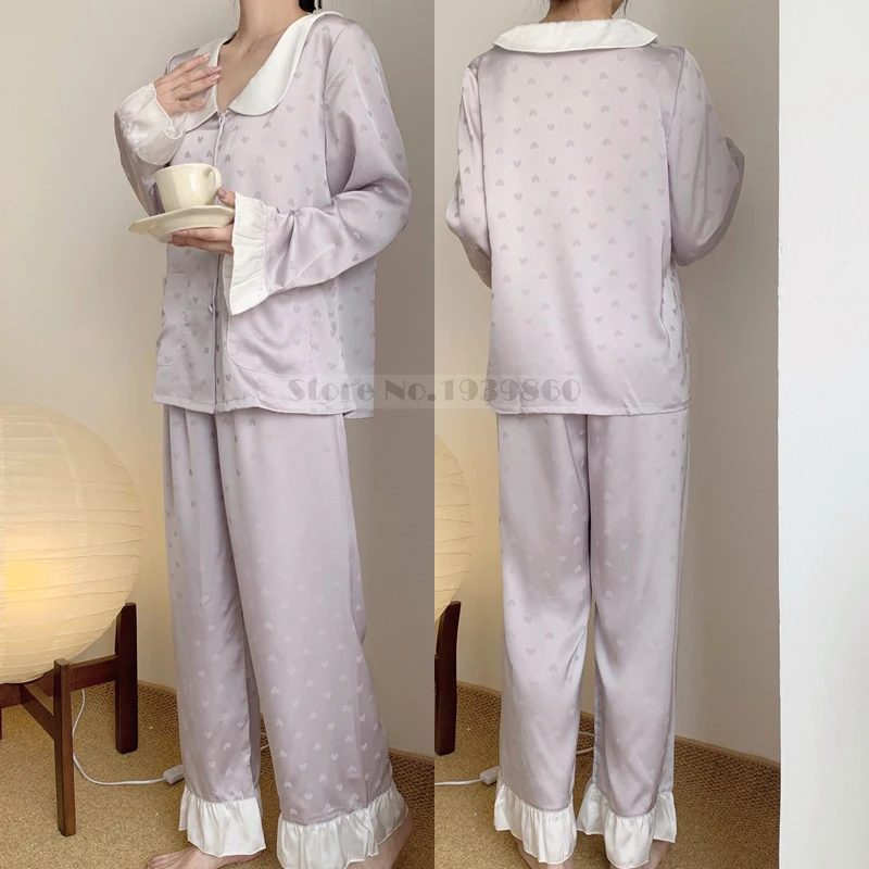 Sweet Print Love Doll Collar Sleepwear Femlae Pajamas Set Spring Autumn Loose Satin Long Sleeve Trouser Pijamas Suit Home Wear