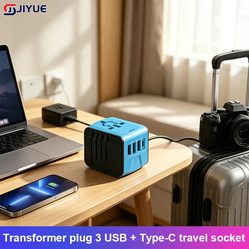 

Universal Travel Adapter with 8 AC Sockets & 4 USB Ports, 3.4A Fast Charging Type-C & USB-A, 110-240V Power Plug Converter