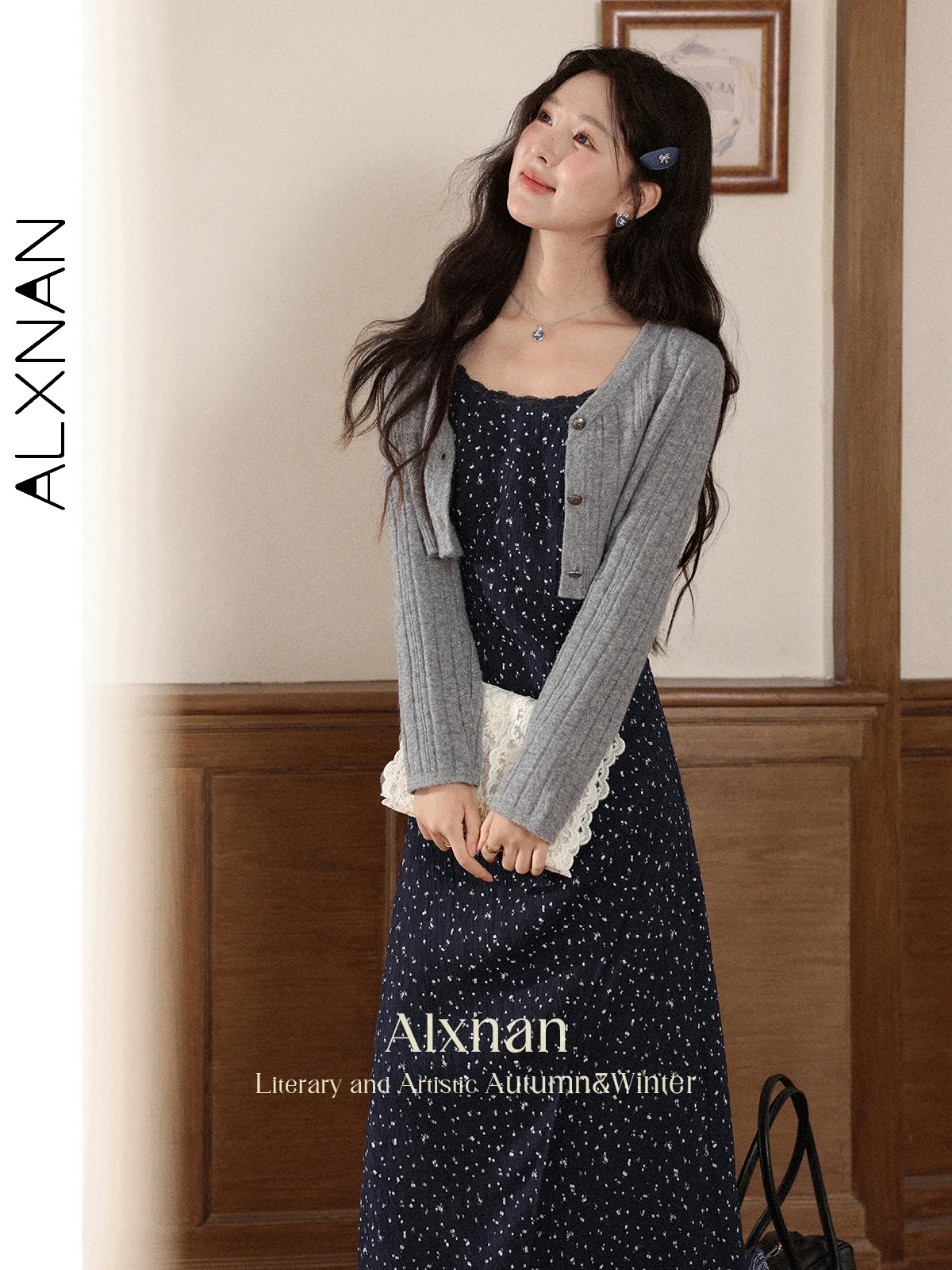 

ALXNAN Women's Grey Cardigan Short Wool Autumn Knitted Cardigan Long Sleeve Knitwear Slim-fit Casual Elegant Female Top L56705SY