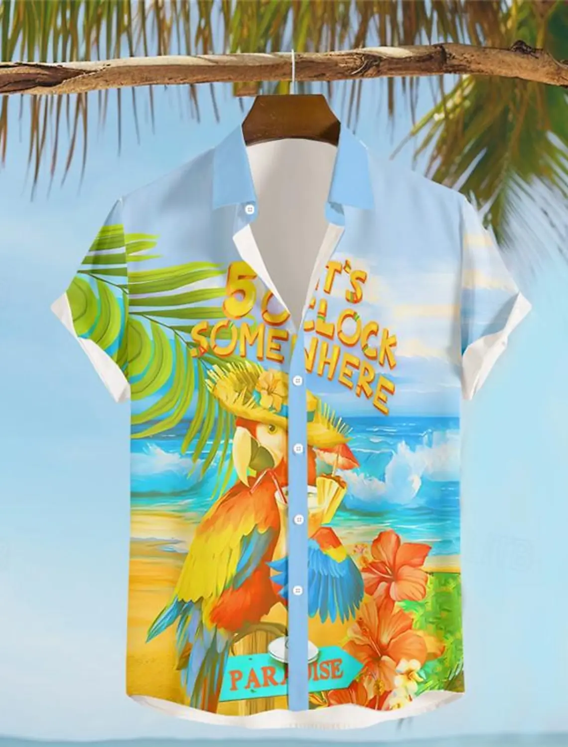 It\'s 5 O\'clock Somewhere Parrot Men\'s Resort Hawaiian 3D Printed Shirt Button Up Short Sleeve Summer Beach Shirt Vacation Wear