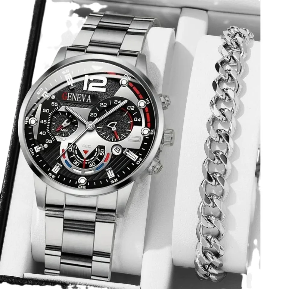 2pcs Luxury Black Quartz Watch & Bracelet For Men Business Fashion Round Calendar Watch Set (Without Box）Relogio