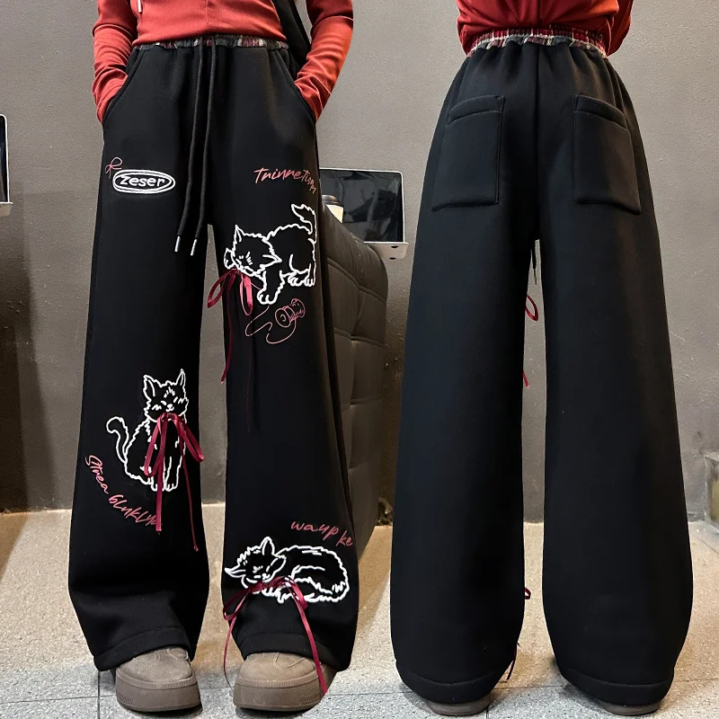 Winter Pants for Girls Soft Corduroy Long Trousers Warm Comfortable School Children Clothes Kids Cartoon Cat Thermal Sweatpants