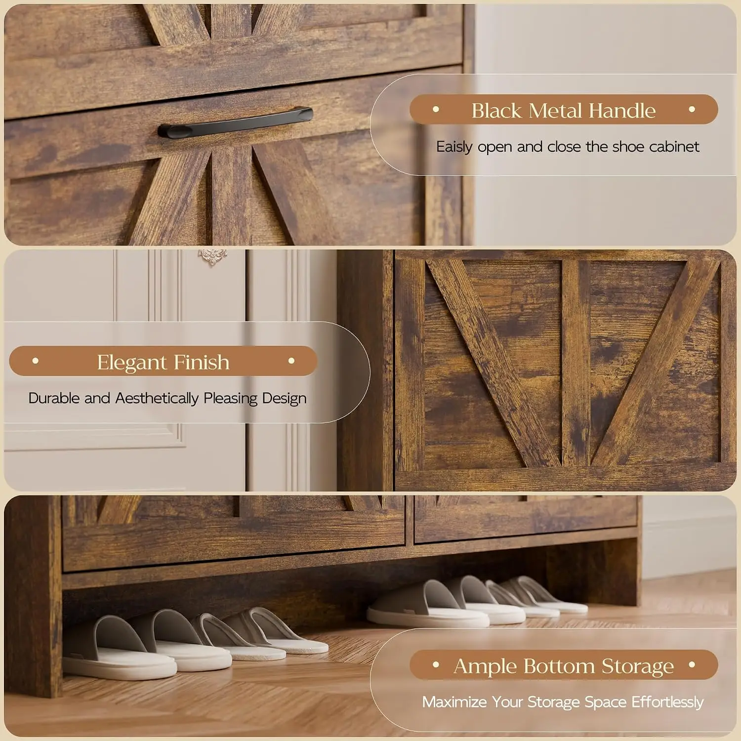 Slim Shoe Storage Cabinet with 4 Flip Drawers, Freestanding Wood Leg Organizer for Entryway, Rustic, Customized