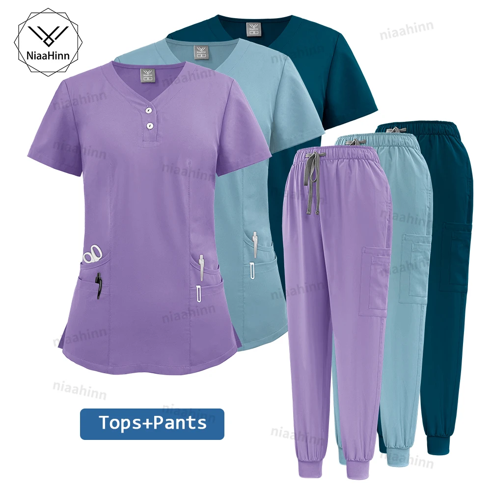 Doctor Nurse Work Clothes Nursing Scrub Women Multicolour Short Sleeved Top+pants Suit Dental Veterinary Medical Scrubs Uniforms