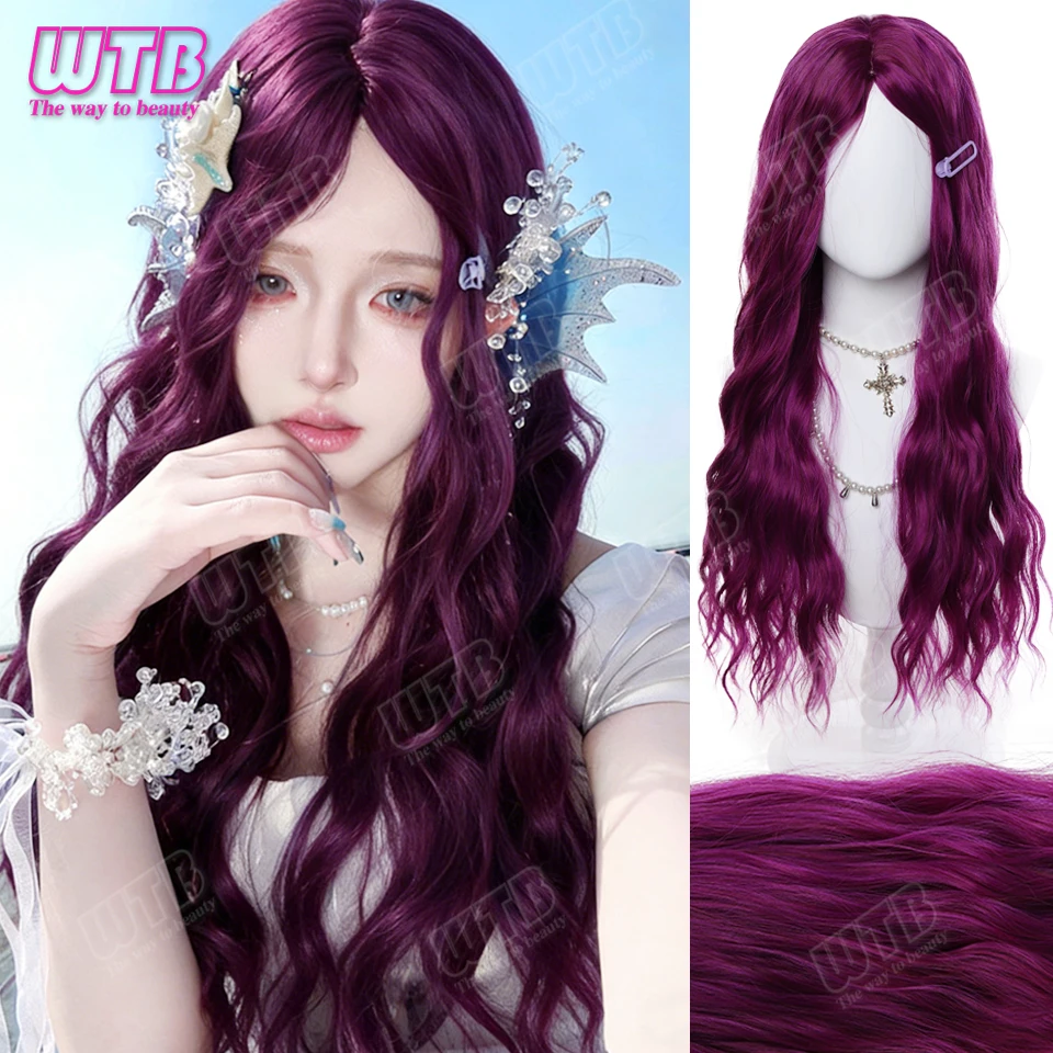 WTB Synthetic Curly Wig Purple Water Wave Curly Wig with Bangs Suitable for Women for Daily Wear Holidays Parties and Cosplay