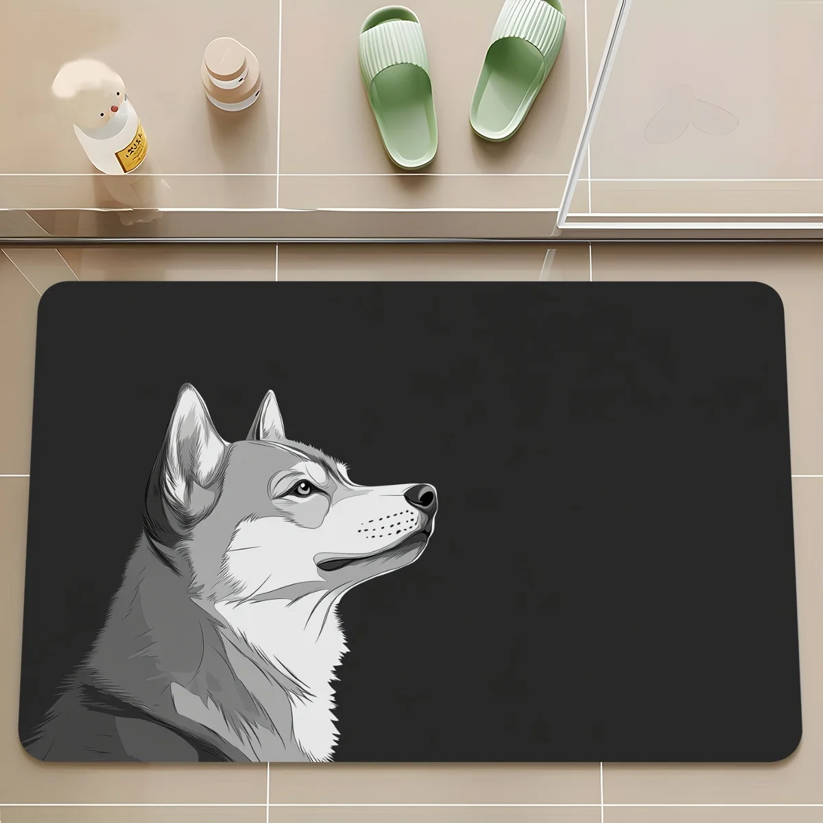 1pc Silver husky patterned floor mat, machine washable polyester, suitable for bedroom and living room decor.