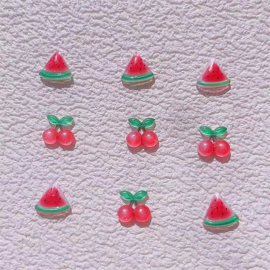 10Pcs 3D Resin Mini Cherry Watermelon Gems Nail Art Charms Sweet Fruit Flatback Jewelry Design Nail Decorations Rhinestones 10mm