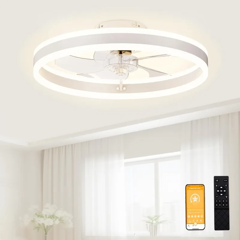 VOLISUN Low Profile Ceiling Fans with Lights and Remote,19.7in Flush Mount Ceiling Fan with Light,3000K-6500K Dimmable Fandelier