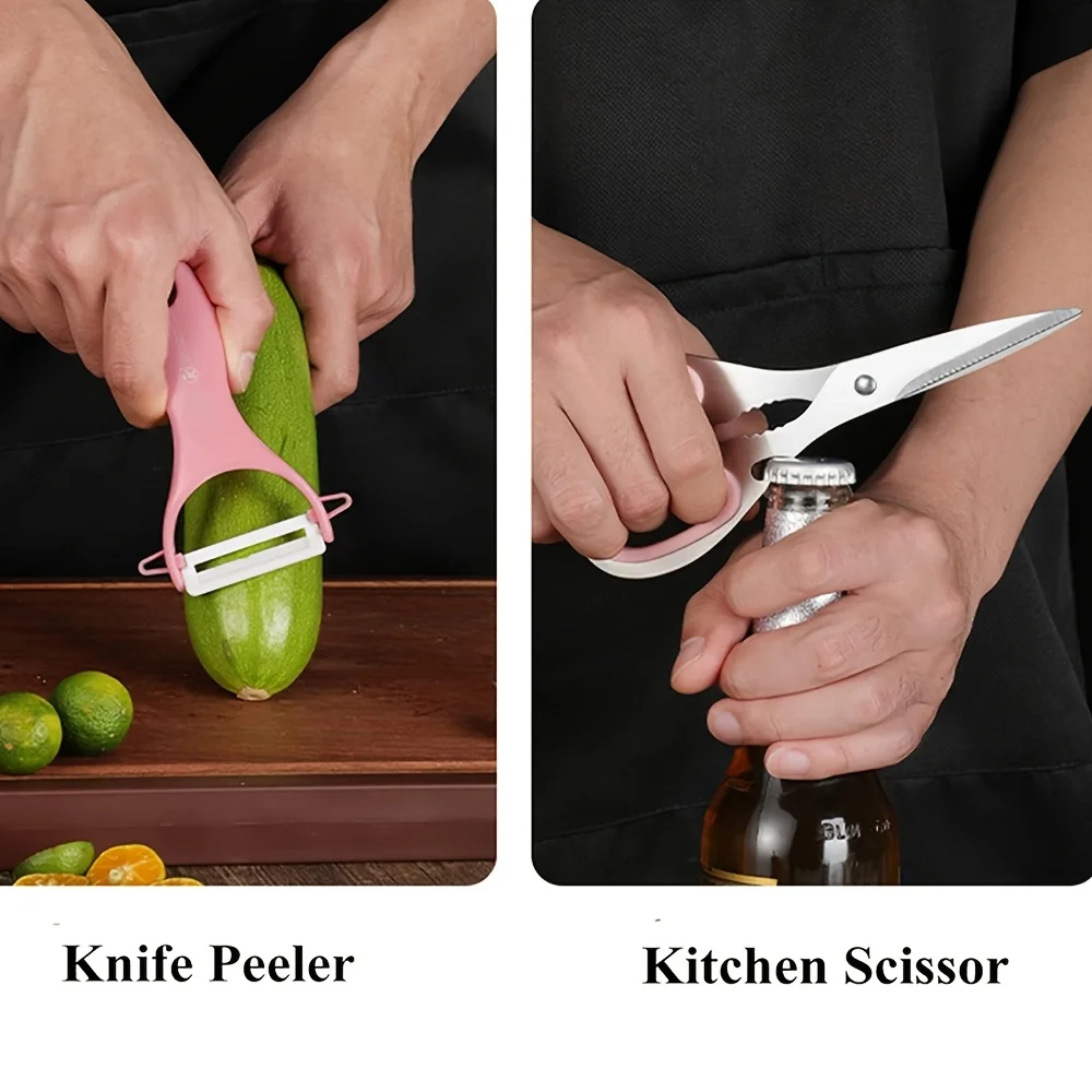 MDHAND 9 Pcs Kitchen Knives Set With Acrylic Stand Chef Bread Cleaver Paring Knife Scissors Sharpener Meat Chopping Vegetable