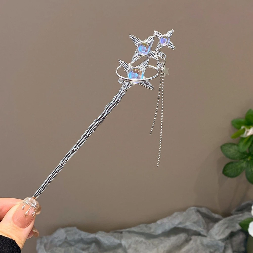 Luxury Charm Moonstone Hair Stick Women Vintage Chinese Style Tassel Hairpins Girl Elegant Star Butterfly Headwear Jewelry Gifts