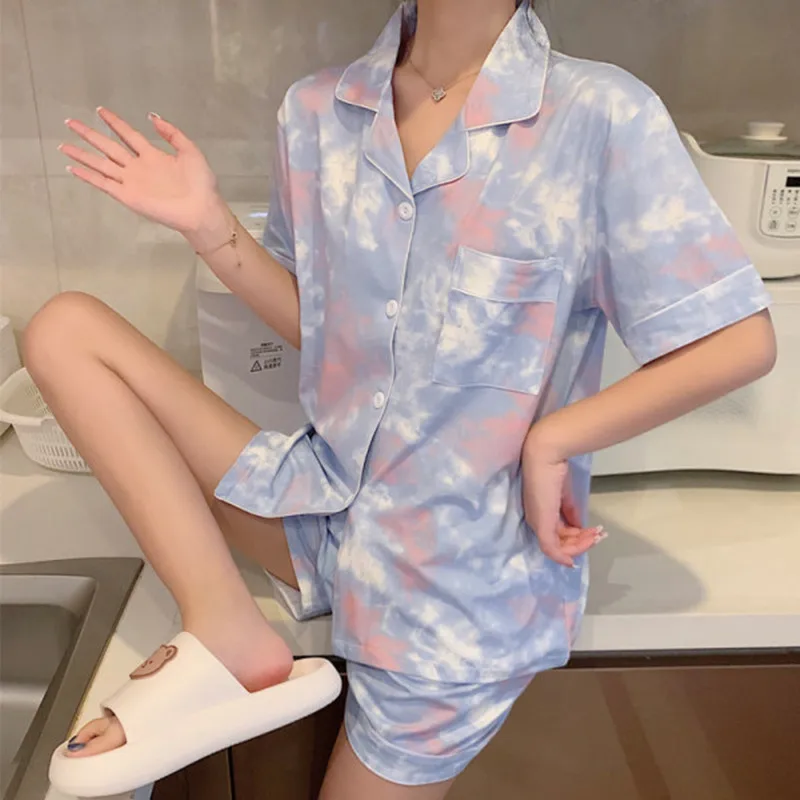 Tie-dyed Printed Nightwear Women Pajama Set Summer Short Sleeve Top and Shorts Suit Casual Loose Homewear Outside Pijamas Set