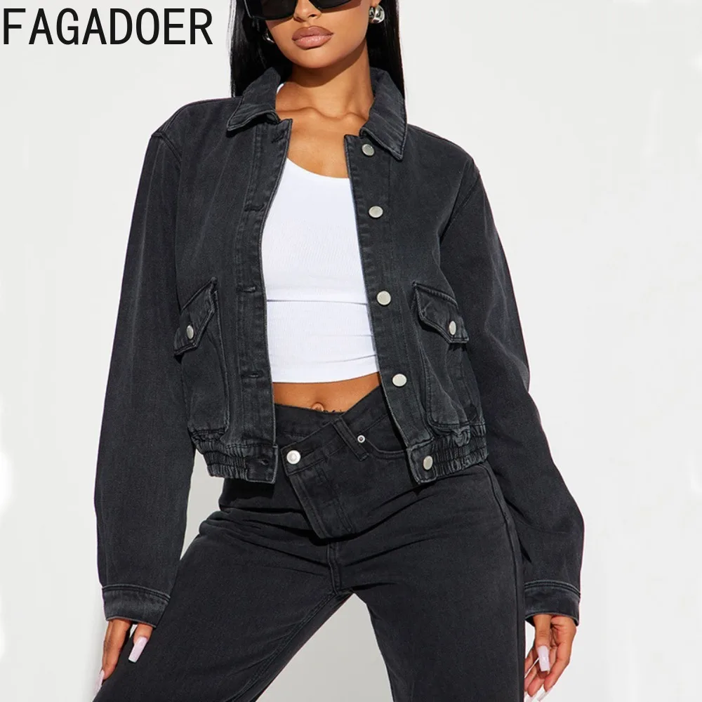 

FAGADOER Fashion Streetwear Women Turndown Collar Long Sleeve Button Denim Coats Autumn Casual Solid Pocket Cowboy Tops Clothing