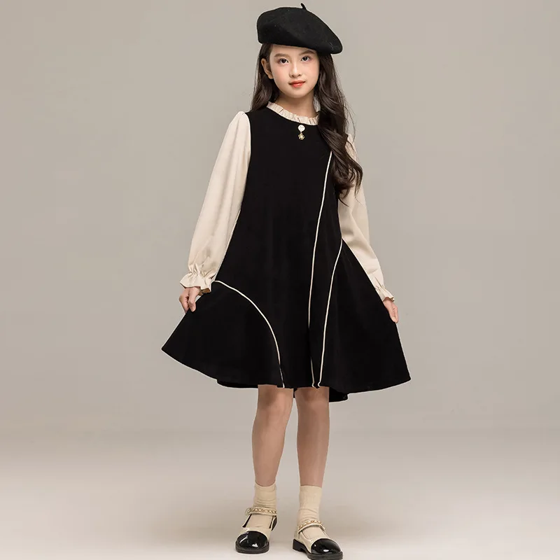 Girls' Autumn Dress Fake Two-piece Contrasting Princess Dress 2024 Korean High-end Older Children's Long-sleeved Skirt Foreign