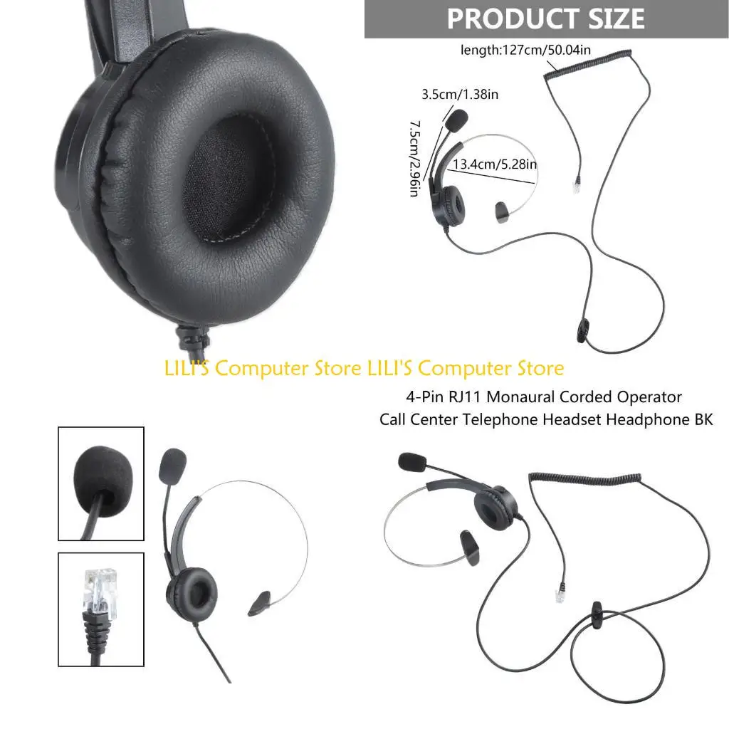 A52B 4-Pin RJ11 Monaural Corded Operator Call Center Telephone Headset Headphone BK