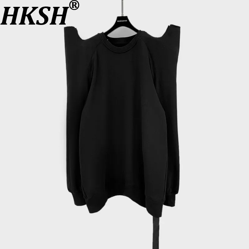 

HKSH Autumn Winter New Women Sweatshirt O-neck Long Sleeved Solid Color Niche Design Shoudler Hump Dark Streetweart Tops HK12482
