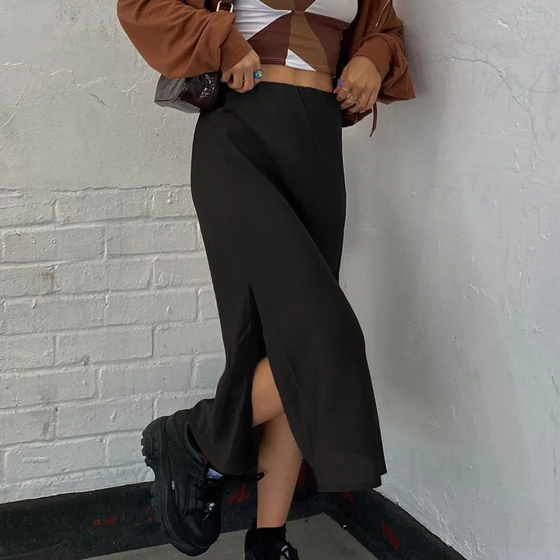 Casual Loose High Waisted Midi Skirts Femme Jupe Longue Women Sexy Side Slit Skirt A Line Streetwear Vintage Y2k Black Brown