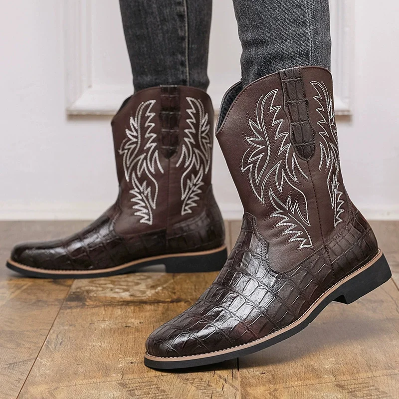 Men's Croc-Embossed Western Cowboy Boots Embroidered Mid-Calf Leather Booties with Square Toe Low Block Heel Vintage Footwear