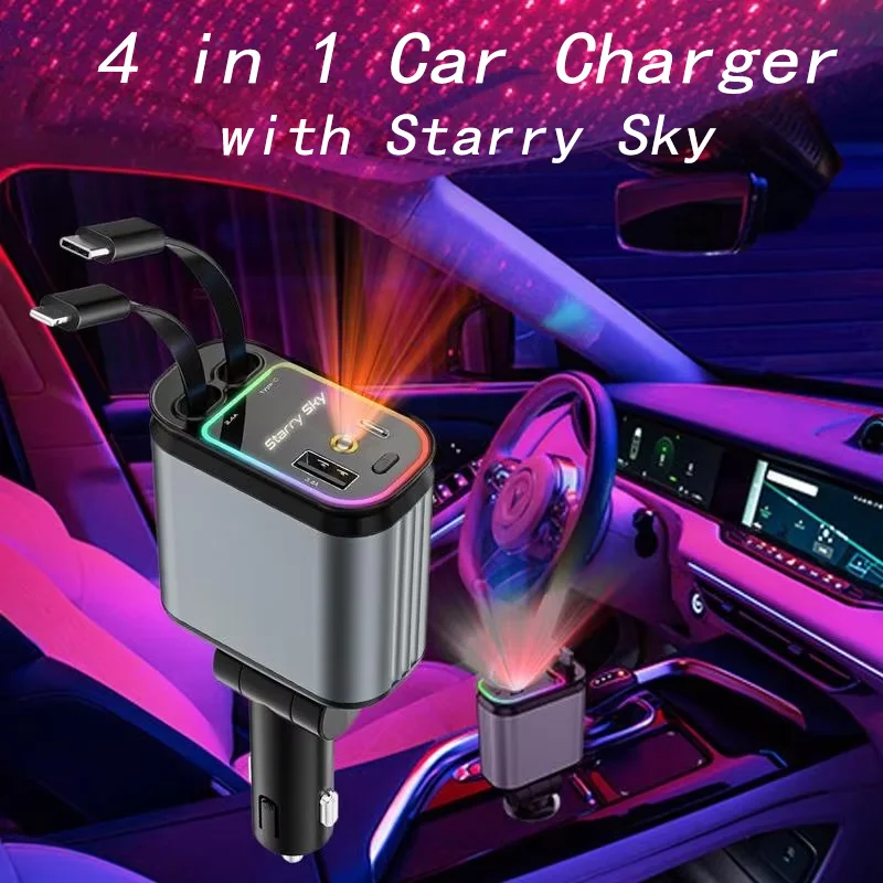 

4 in 1 Car Charger With Starry Sky SpotlightRetractable Car Charger With Charging Cable And 2Charging Port Universal Car Charger