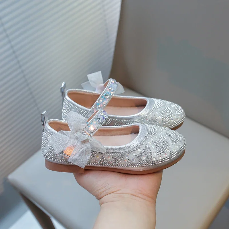 Scarpe in pelle per ragazze scarpe eleganti per bambini per la festa di nozze strass con papillon in pizzo strass Princess Flats Mary Janes Sweet