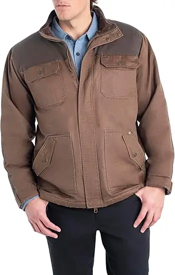 Men Brown Color Block Canvas Work Jacket Stand Collar Multi Pockets Zip Button Outdoor Casual Cargo Coat