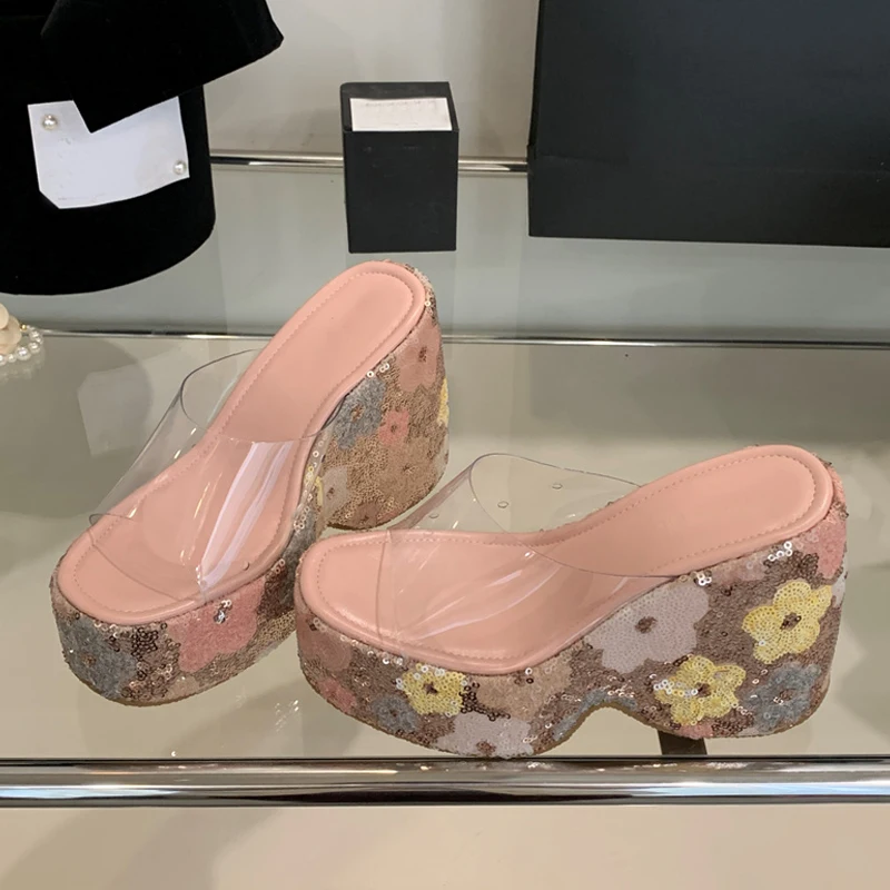 Liyke Sexy 13CM Super High Heels Wedges Slippers For Woman Pink Sequined Thick Bottom Open Toe Party Dress Shoes Platform Sandal