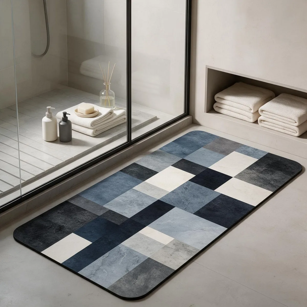 Tappetino da bagno quadrato in fango di diatomee, morbido, assorbente e antiscivolo, con fondo in gomma, ideale per il bagno e la porta.